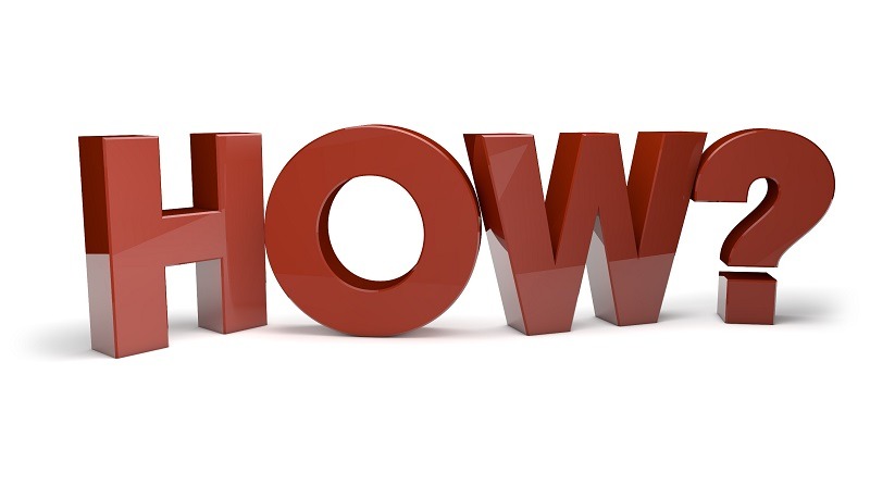 The word HOW? in large, bold, shiny red 3D letters on a white background.