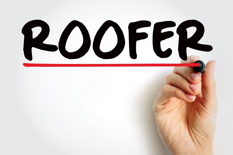A hand holding a black marker underlines the bold word ROOFER written in black capital letters on a white background.