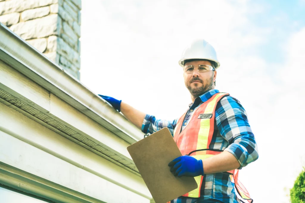 A construction worker wearing a hard hat, safety vest, and gloves holds a clipboard while inspecting the roof and gutter of a building on a sunny day.