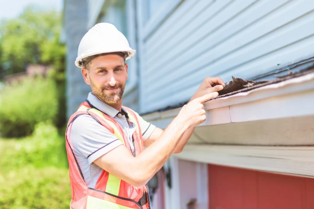 A construction worker in a white hard hat and orange safety vest cleans debris from a house gutter while smiling and pointing at the camera. The house exterior and greenery are visible in the background.