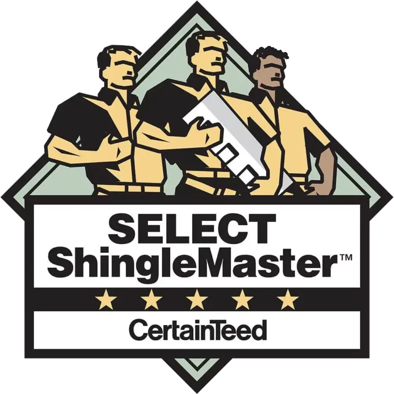Logo featuring three stylized people holding roofing materials above the text SELECT ShingleMaster CertainTeed, with five gold stars below, representing trusted roofing in Summit County.