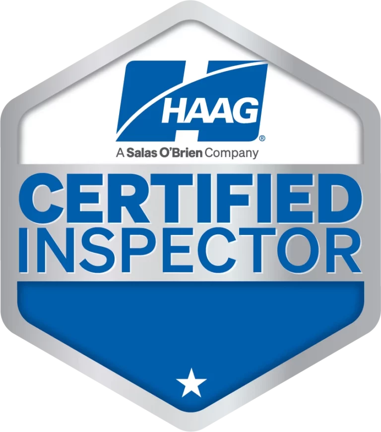 Hexagonal badge with a silver border, featuring the HAAG logo at the top, the words CERTIFIED INSPECTOR in bold blue letters, a white star at the bottom, and proudly representing Summit County.