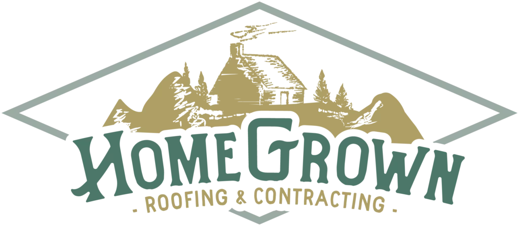 Logo for Home Grown Roofing & Contracting featuring a stylized house with a smoking chimney, surrounded by mountains, set within a diamond shape. The company name appears below the house.