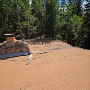 A flat roof covered in brown roofing material with a stone chimney on the left, set against a backdrop of dense green forest.